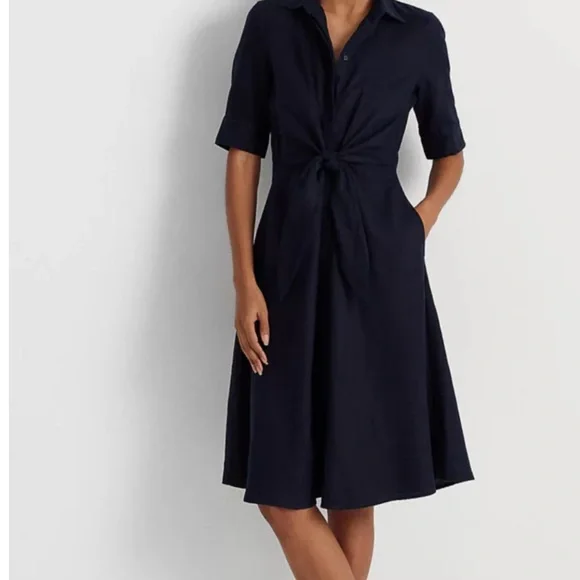 Ralph Lauren Tie-front Linen Shirtdress with pockets in navy - Picture 13 of 14